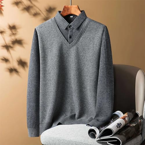 Men Knitted Fake Two Pieces Sweater Striped Lapel Button Spliced Lattice Business Casual Pullovers2