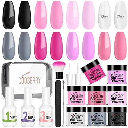 Cooserry Dip Powder Nail Kit Starter - 17pc Dipping Powder System Liquid Set with Base & Top Coat Activator - 8 Colors Clear Pink Black Dip Nails Powder Art Manicure DIY Salon Gift for Beginners