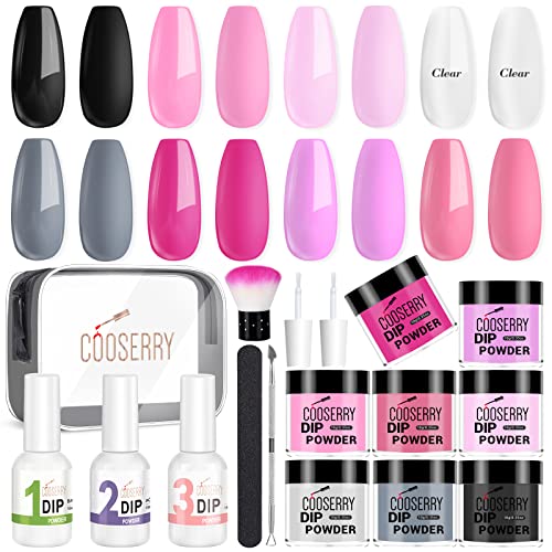 Cooserry Dip Powder Nail Kit Starter - 17Pc Dipping Powder System Liquid Set With Base & Top Coat Activator - 8 Colors Clear Pink Black Dip Nails Powder Art Manicure Diy Salon Gift For Beginners #TOP3