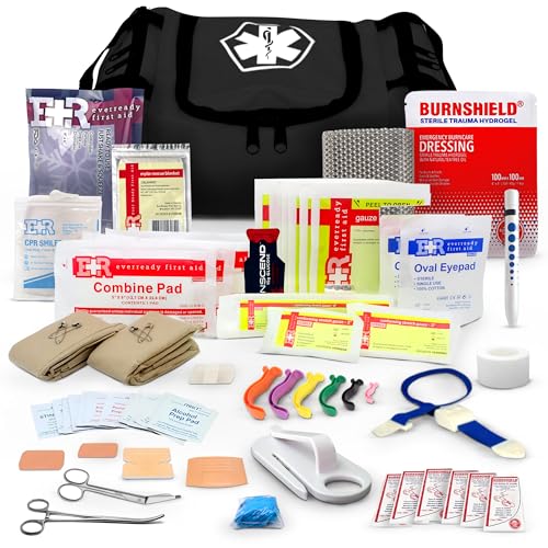 Fully Stocked Trauma First Aid Kit – First Responder II Bag with Tools, Gauze, Bandages, Scissors & Gloves – Compact & Portable – OSHA and ANSI Compliant – Black