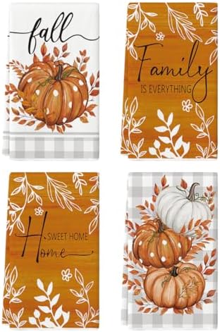 Artoid Mode Orange Buffalo Plaid Polka Dot Pumpkin Fall Kitchen Towels Dish Towels, 18x26 Inch Farmhouse Eucalyptus Leaves Decoration Hand Towels Set of 4