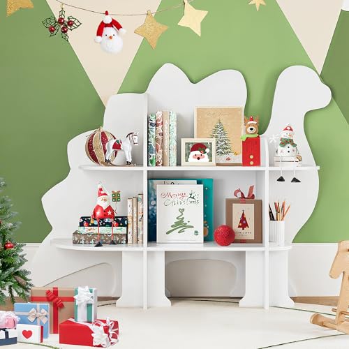 Image of Curipeer Dinosaur Kids Bookshelf, 2-Tier Bookshelf for Kids, Baby Bookshelf and Toy Storage, Wooden Kids Bookcase, Toddler Book Shelf Organizer for Kids Rooms, Nursery, Bedroom, Playroom, White