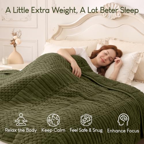 Image of Cottonblue Sherpa Fleece Weighted Blanket 15 lbs for Adults Queen Size, Soft Fuzzy Jacquard Weighted Blankets Throw 60 inch x 80 inch for Sleep Relax, Cozy Warm Knitted Heavy Blanket for Bed Sofa, Army Green