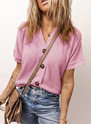Image of Dokotoo Womens Summer Tops 2026 Waffle Knit Button Down Shirts Casual V Neck Short Sleeve Shacket Jacket Dressy Blouses