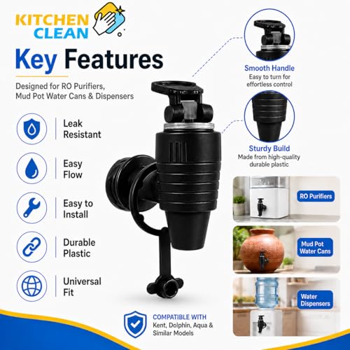 Image of Kitchen Clean All RO Water Purifier Taps for Kent, Dolphin, Aqua - Suitable for Mud Pot Water Can, Water Dispenser, Filter Nal (Black | Pack of 2)