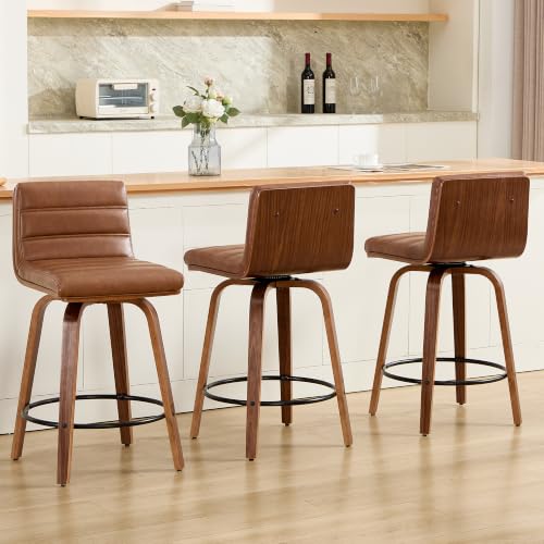 Image of Swivel Bar Stools Set of 3,26 inch Faux Leather Counter Height Barstools with Back,Mid Century Modern Upholstered Bar Chairs with Bentwood Legs Island Stools for Kitchen Counter Brown