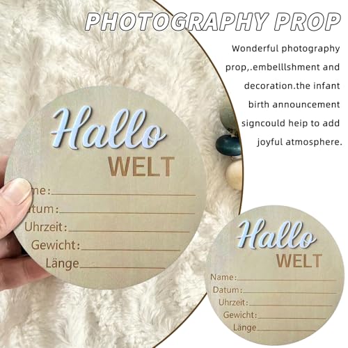 Image of Baby Announcement Sign, 5.9 Inch Wooden Hello World Newborn Signs, inchHallo Welt inch Decoration, Birth Announcement Sign, Welcome Newborn Arrival to World, Hospital Nursery for baby