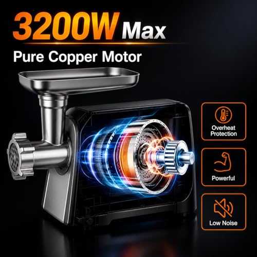 Szlifierka do mięsa 3200W o dużej wytrzymałości, mielec ze stali nierdzewnej z 3 płytami, zestaw kiełbasy i zestaw Kibbe, Easy Clean Electric Food Processor do Burgerów, Ser, Sosy, Domowe użytkowanie