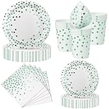 Nkaiso Platos y Vasos Desechables, 50 Piezas Blanco y Verde Vajilla de Fiesta, 10x 23cm & 10 x 18cm Platos de Carton, 10 Vasos, 20 Servilletas - Para Bodas, Cumpleaños, Eventos -10 Invitados