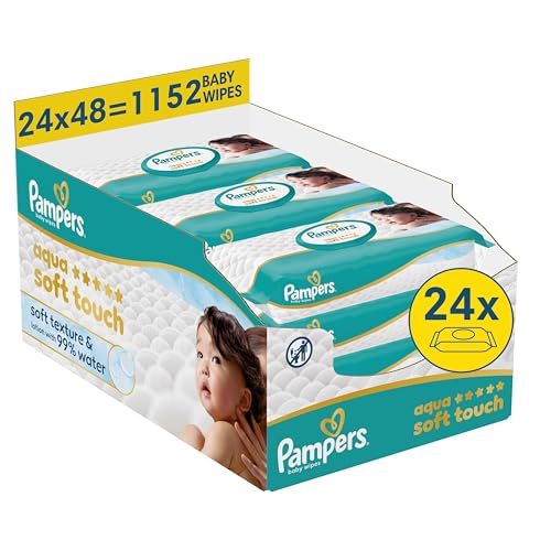 Pampers Aqua Soft Touch Baby-Feuchttücher, 24 Packungen mit 48 Feuchttüchern – 1152 Baby-Feuchttücher, weiche Textur und Lotion mit 99 Prozent Wasser