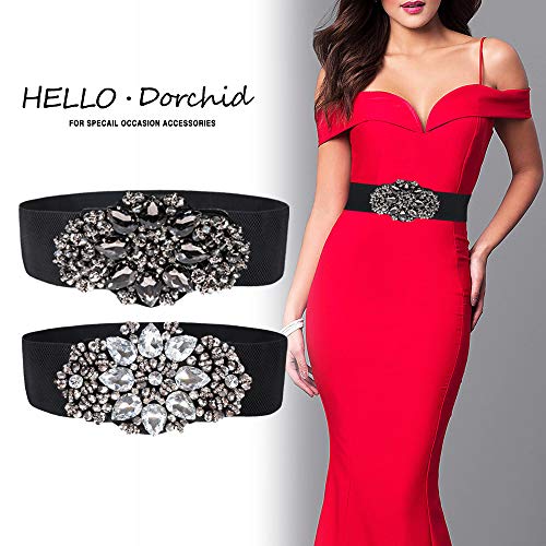 Dorchid Women Rhinstone Belt Full Crystal Buckle Cummerbund Wide Elastic Waistband 7 Colors Black #TOP1