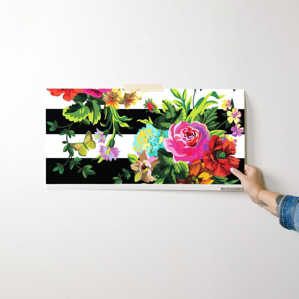 Removable Wallpaper Swatch - Floral Pop Stripes Black White Flowers Butterfly Custom Pre-Pasted Wallpaper by Spoonflower