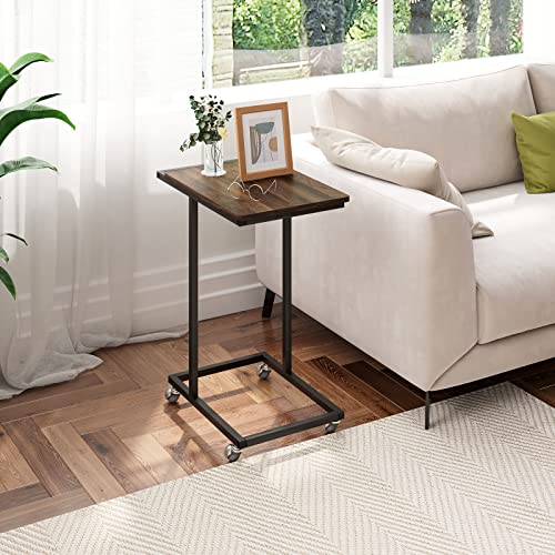 Novilla Snack End Table C Shaped Side Table With Rolling Casters Small Table For Sofa Laptop Coffee Snack In Living Room Bedroom, Walnut #TOP2