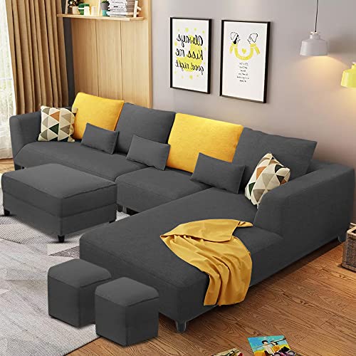 Image of Casaliving Minta 8 Seater L Shape Sofa Set with Ottoman & 2 Puffy for Living Room (8 Seater - RHS, Black)
