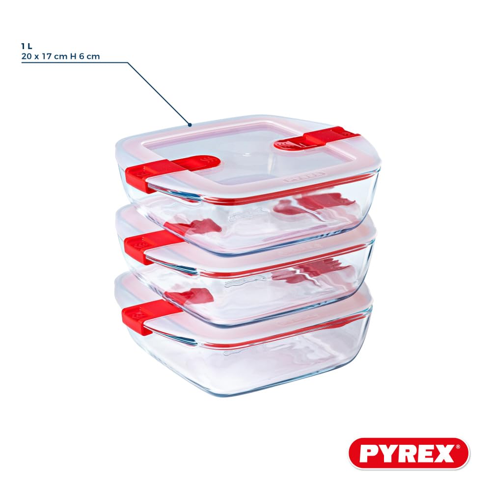 Pyrex Cook & Heat - Lot de 3 Boites Carrées Identiques - 1L - Verre Borosilicate - LunchBox - Couvercle Hérmétique spécial Micro-Onde - Made in France