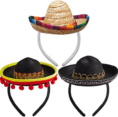 3 szt. Cinco De Mayo Fiesta Fabric and Straw Sombrero Headbands Party Costume for Fun Fiesta, Hat Party Supplies, Luau Event Props, Mexican Theme Decorations for Carnivals Festivals Party Favors