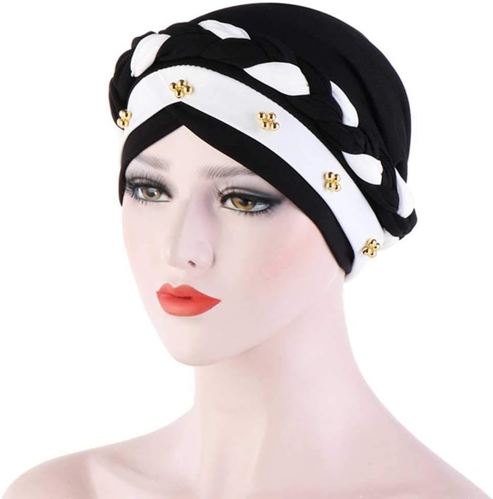 Two-Color Beaded Braid Hijab Caps Spring and Autumn Muslim Wrap Turban Cap Fashion Cotton Inner Hijabs Bonnet Ready to Wear(D)