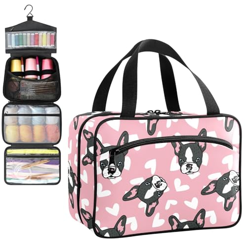 YNNALE Sewing Supply Organizer Bag, Pink French Bulldog Small Dog Dogs Portable Sewing Bags with Pockets&Hanger, Sewing Storage Box Case for Sew Supplies/Kit/Tools/Accessories (BAG ONLY)