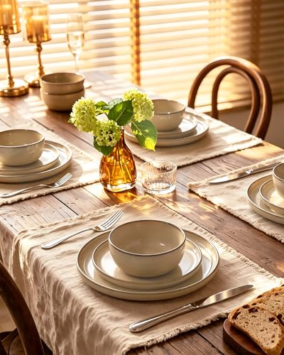 Image of Famiware Milkyway Stoneware Dinnerware Set, 18-Piece, Double Reactive Glaze, Plates and Bowls, Service for 6, Microwave and Dishwasher Safe, Scratch-Resistant, Milk Tea