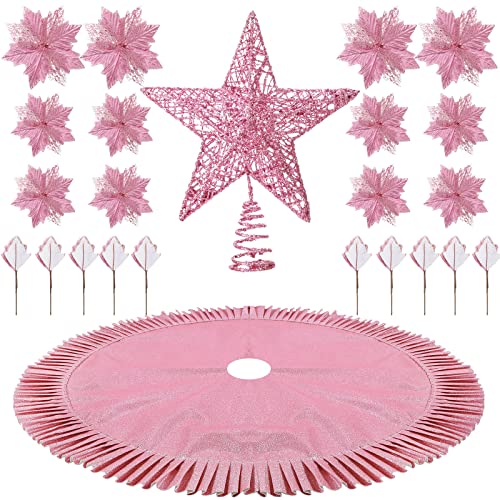 38 Pcs Christmas Tree Decorations Set Include Sequin Christmas Tree Skirt Star Christmas Tree Topper And 36 Artificial Glitter Christmas Flowers For Xmas Party Holiday Christmas Home Decor (Pink) #TOP15