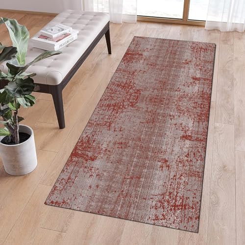 Alfombra abstracta de pasillo lavable y antideslizante de 90x280 cm en gris y rojo 3