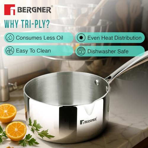 Image of Bergner Argent 14cm Triply Milkpan /Saucepan /Small Teapan, Stay Cool Cast Handle, Food Safe, Durable, Healthy Cooking, Faster and Even Heat Distribution - Induction and Gas Stove Ready