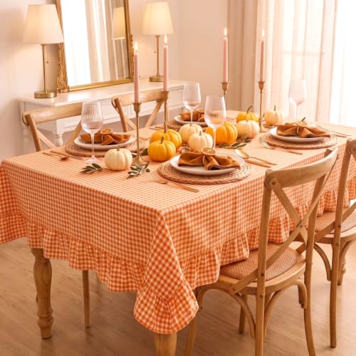 Mindsoft Gingham Ruffled Tablecloth, Fall Orange, 52 x 70 Inches, Rectangle