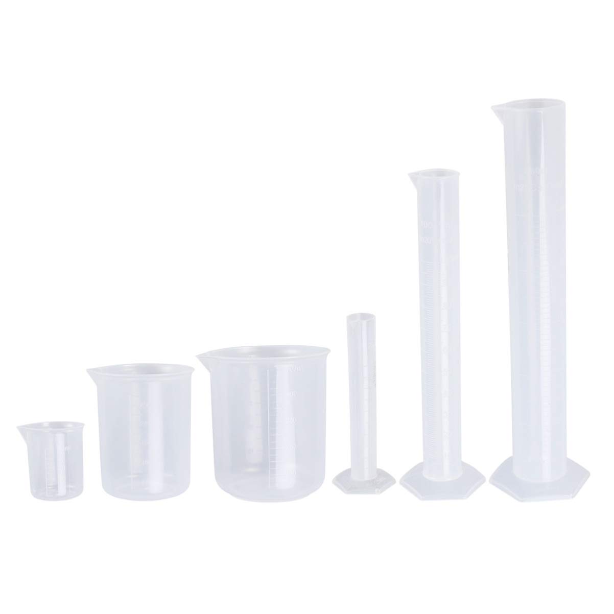 Flüssigkeitsmesswerkzeug-Set – 3 Messbecher (50 ml, 250 ml, 500 ml) und 3 Messzylinder (25 ml, 100 ml, 250 ml), durchscheinendes, hochpräzises Schullaborwerkzeug für Schüler