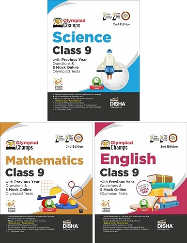 Image of Disha Olympiad Champs Science, Mathematics, English Class 9 with Previous Year Questions & 5 Mock Online Olympiad Tests 2nd Edition (set of 3 books) [Paperback] Disha Experts