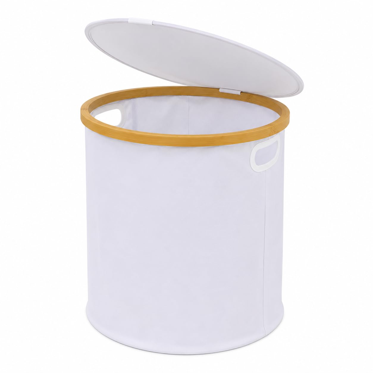 Round Laundry Basket with Lid, Bamboo Rim, 38x40 cm, White | Fabric Storage Hamper, Hinged Lid, Side Carry Handles, Foldable Bag Insert, Bathroom Organiser-image-6