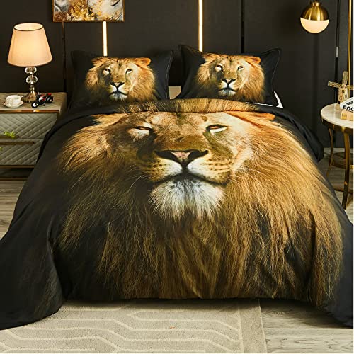 Duvet Cover King Size - Black 3D Lion Animal Print Bedding Set, Washed Microfiber King Duvet Cover Set 3 Pieces With Zipper Closure, 1 Duvet Cover 102 * 90 Inches And 2 Pillow Sham #TOP1