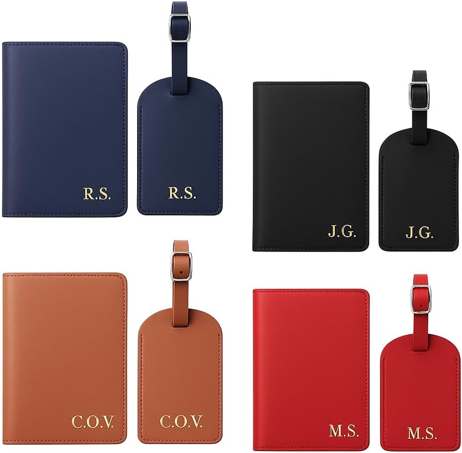 Custom Passport Cover & Luggage Tag Set – Personalized Monogrammed Travel Wallet for Him & Her – Leather Passport Holder with Name or Initials – Matching Accessories for Couples, Honeymoon, Gift