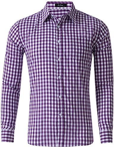 XI PENG Men's Slim Fit Plaid Checkered Gingham Long Sleeve Dress Shirts (Purple Tartan, Large)
