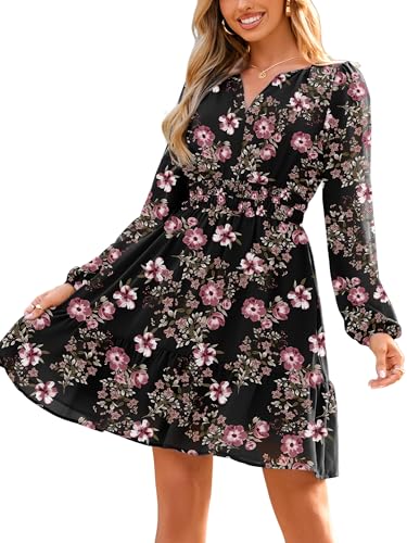 Image of Simplee Womens Spring Floral Mini Dress Long Sleeve Boho Chiffon Short Dress Casual Flowy Fall Wedding Guest Dresses