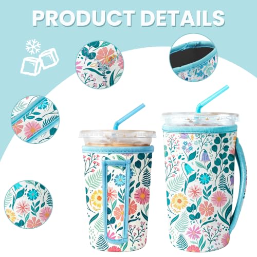 Image of KJQJLY 3 Pack Reusable Iced Coffee Sleeves for Iced Coffee Cups or Drinks Reusable Neoprene Insulated Sleeves for Hot and Cold Drinks from Starbucks, Dunkin, And More (White Flower Bush)