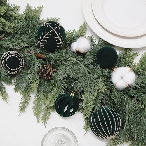 Image of 4inch Velvet Ornaments for Christmas Tree, 9PCS Glitter Flocked Christmas Ornaments Decorations Balls Set Decor Green