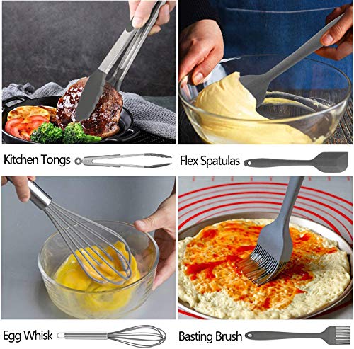 Kitchen Utensils Set, 25pcs Silicone Utensils Set with Plastic Holder Spatulas Turner Measuring Cups Spoons Whisk Brush Heat Resistant Stainless Steel Handle with Silicone Grip Gray Color - Image 6