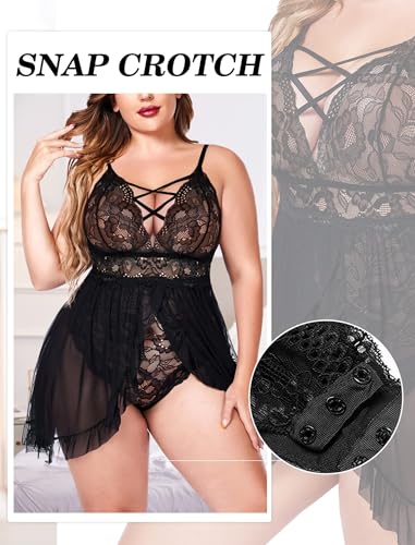 Image of SSoShHub Women's Plus Size Lingerie Beautiful Babydoll Snap Crotch Lace Chemise Ruffles Nightwear Bodysuit with Babydoll