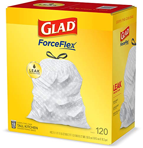 Glad ForceFlex Tall Kitchen Drawstring Trash Bags – 13 Gallon White Trash Bag, Unscented – 120 Count (Package May Vary)
