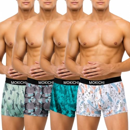 Image of Men's Printed Boxer Briefs | Soft Stretch Comfortable Trunks with Elastic Waistband | Breathable Everyday Innerwear for Men | Assorted Multicolor Prints | Pack of 4