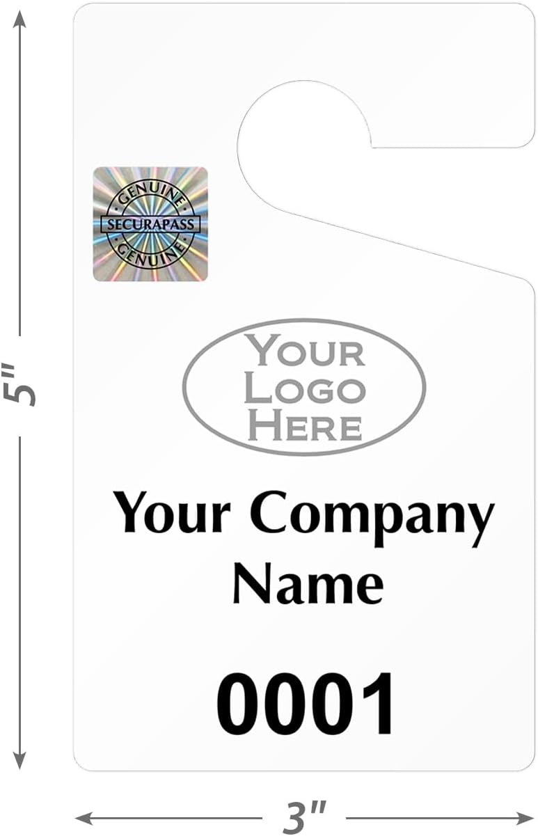SmartSign (Pack of 50) Custom Add Your Logo and Text Here Parking Permit Hang Tags | 3" x 5" 30 mil Thick Plastic, Car Parking Pass with Hologram, Black and White, Made in USA