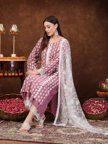Image of Stylum Women's Floral Printed Rayon Straight Kurta Palazzo Dupatta Set