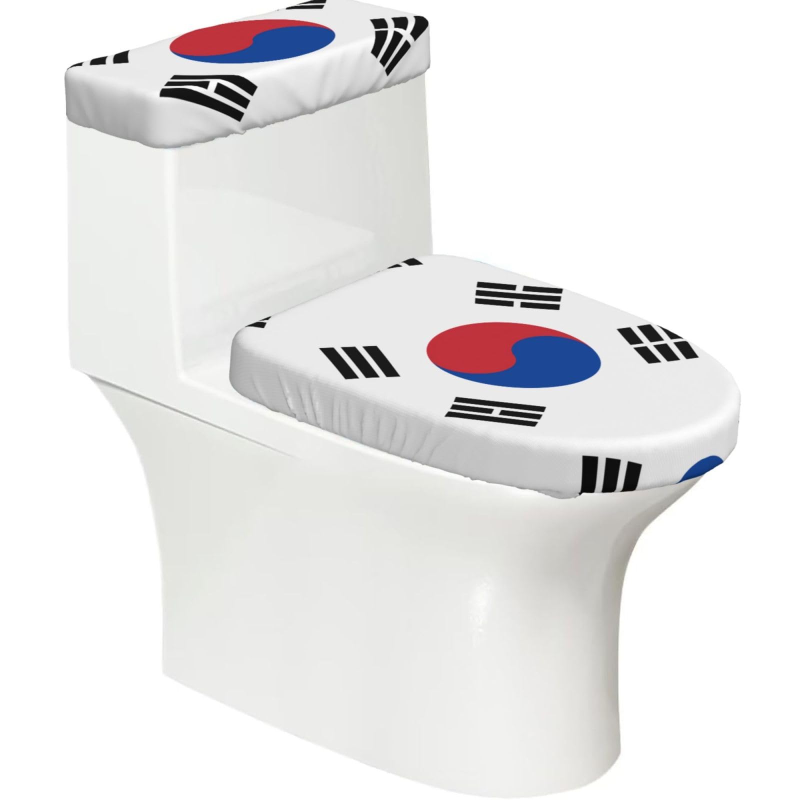 Flag of Republic of Korea Elastic Toilet Cover Set of 2-Stretchy Lid and Tank Covers for Bathroom, Soft Washable U Shape Toilet Decor