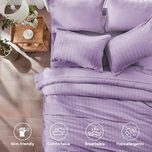 Image of Zzlpp Full Comforter Set 7 Pieces, Light Purple Seersucker Bed in a Bag with Comforter, Pillow Shams, Pillowcases, Flat Sheet, Fitted Sheet