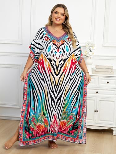 Image of KECVOT Kaftan Dresses for Women V-Neck Print Swimsuit Cover Up Plus Size Beach Caftan Lounge Dress
