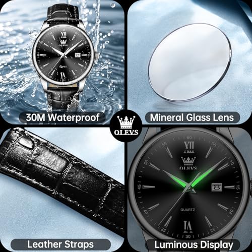 Image of OLEVS Men Leather Watches Classic Quartz Large Dial Easy Read Waterproof