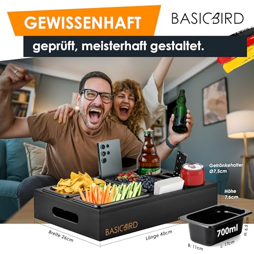 BASICBIRD® Couchbar Snackbox - Organizer Tablett- Snackspender mit 3X Snackschale - Holz Sofatablett für Sofa, Deko, Couch Bar mit Getränkehalter und Fächern – Wohnmobilausstattung (Black Edition)