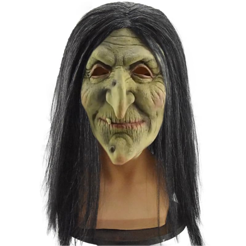 Utaomld Old Woman Witch Mask Halloween Latex Scary Masks Adult Horror Long Hair Witches Cosplay Costume Party Props