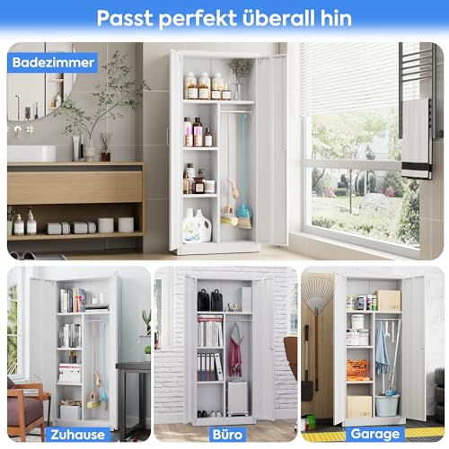 SUPEER Besenschrank mit Belüftung & Magnetverschluss,Mehrzweckschrank,Stabiler Stahlschrank für Staubsauger, Putzmittel, Wäsche und Haushaltszubehör|70x30x165 cm|Weiß