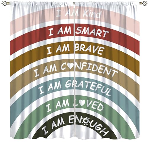 Boho Rainbow Curtains Classroom Reading Corner Kind Amazing Brave Smart Loved Rainbow Decor Blackout Window Drapes Book Center Calming Corner Home Bedroom Playroom Girls Room 21x45in,2 Panel Set